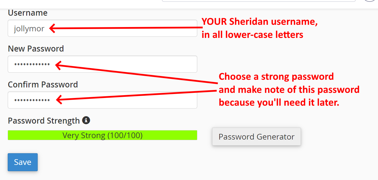 enter your sheridan username and choose a strong password