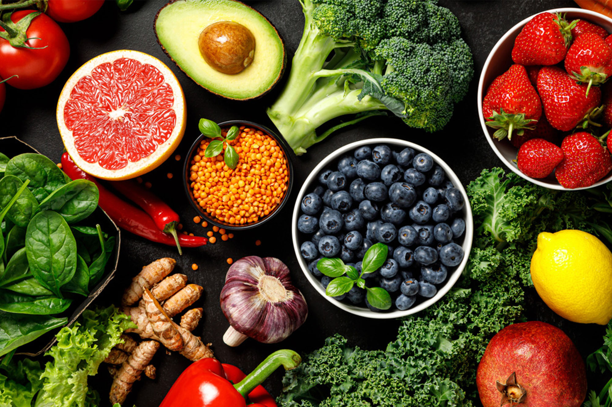 Colorful fruits and vegetables representing a healthy plant-based diet