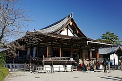 Photograph of the Shoryoin at Horyu-ji, showing traditional Asuka period temple architecture with a tiled roof and wooden pillars.