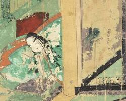 A Heian period handscroll painting from the Tale of Genji Emaki showing a courtly interior with figures in layered silk robes