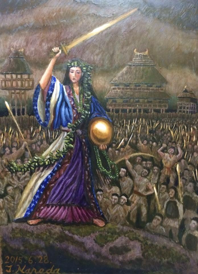 An artist's reconstruction of Queen Himiko, a legendary shaman-queen of the Yayoi period, wearing traditional white robes, a large beaded necklace, and an ornate crown
