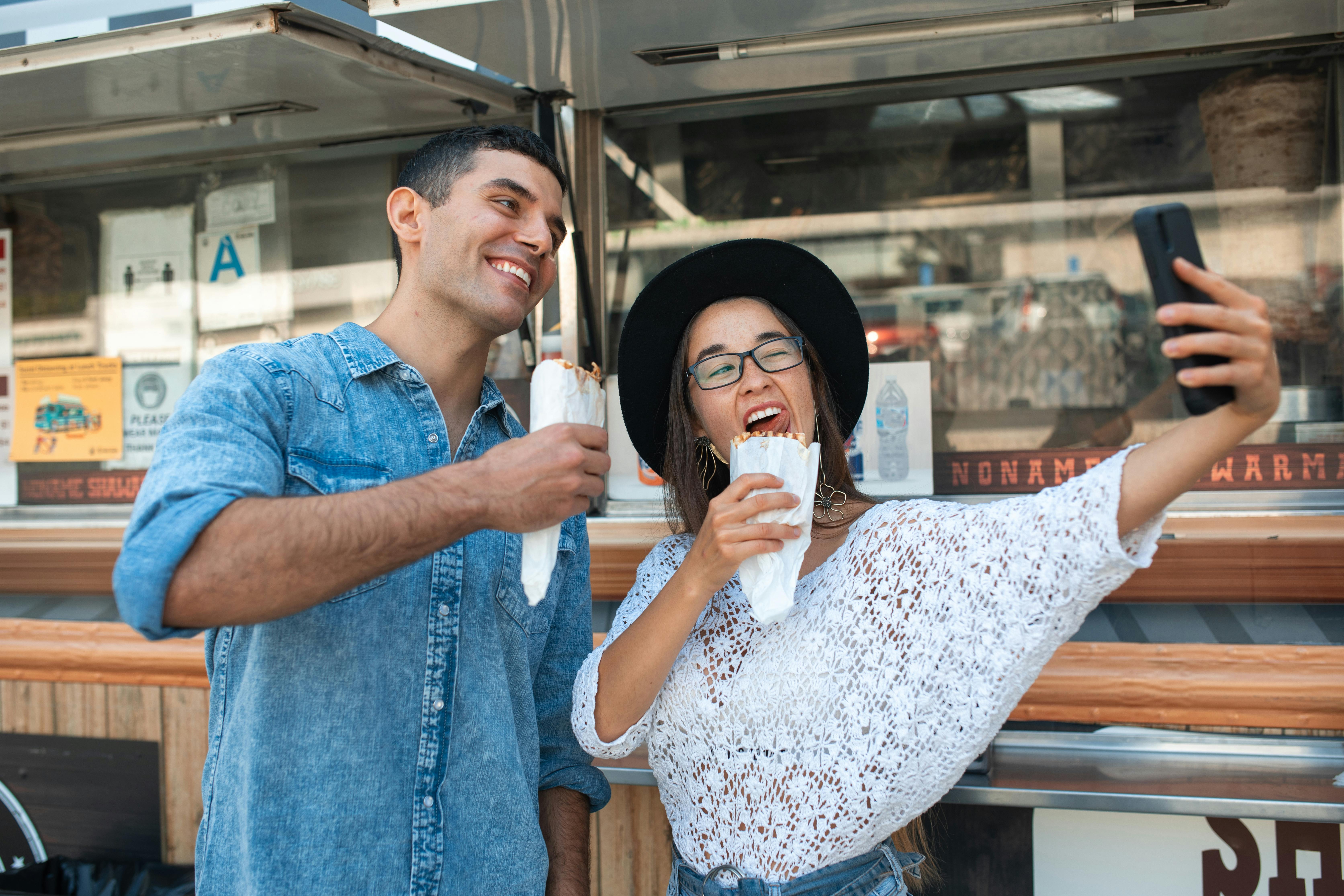 Friends Taking Selfie with Shawarma