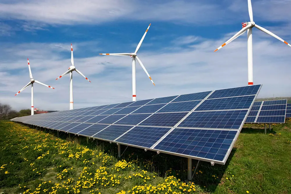 Solar panels and wind turbines as clean energy solutions