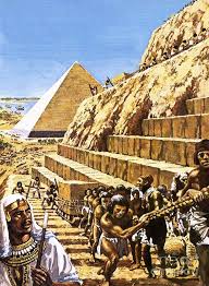 Artistic reconstruction showing workers using ramps and sleds to move large stone blocks during pyramid construction