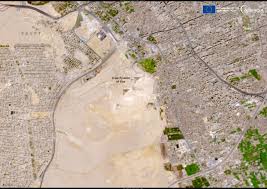 Aerial view of the three Great Pyramids of Giza and the Sphinx in the Egyptian desert