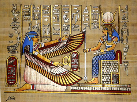 Painting of Egyptian gods Ra and Osiris from ancient papyrus