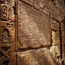 Close-up photograph of ancient Egyptian hieroglyphs carved in stone, showing symbols of birds, eyes, and geometric shapes