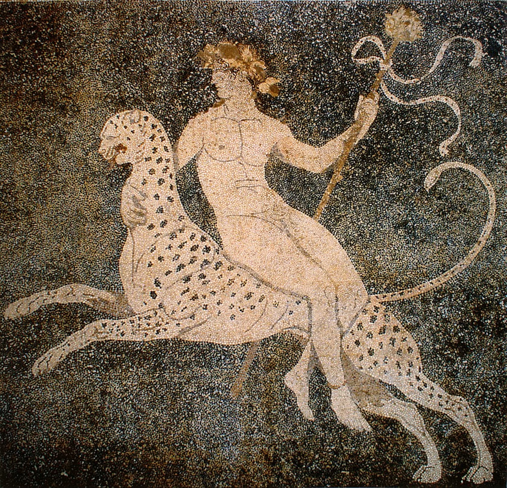 Macedonian mosaic showing Dionysus riding a leopard
