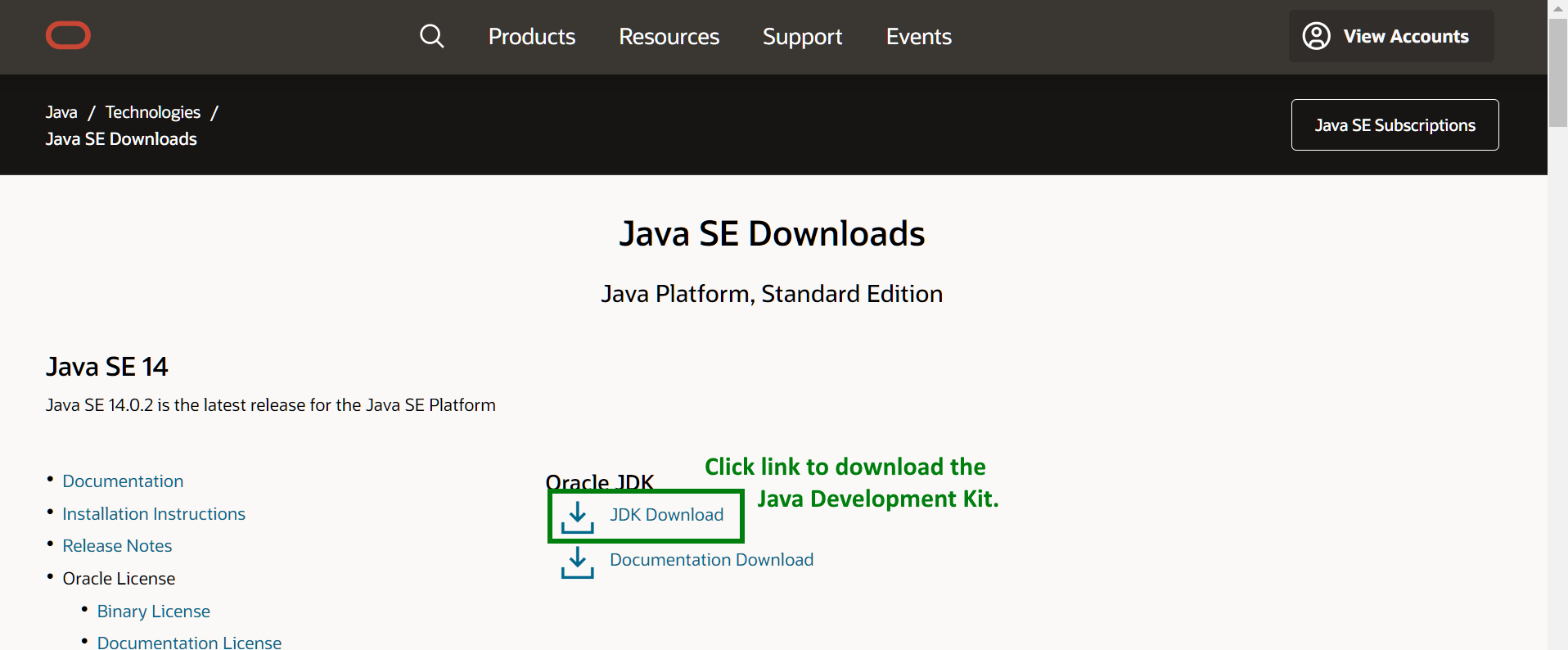 the main Java SE downloads page showing the heading Java Platform Standard Edition, and below that is the link to Java SE 14