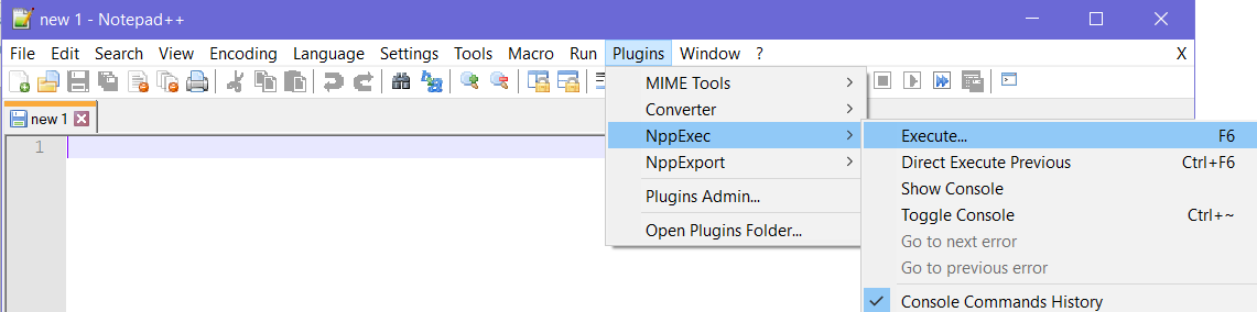 showing the main Notepad++ window with Plugins menu open again, NppExec now shows as a menu item; it's selected, and Execute is selected in the NppExec sub menu