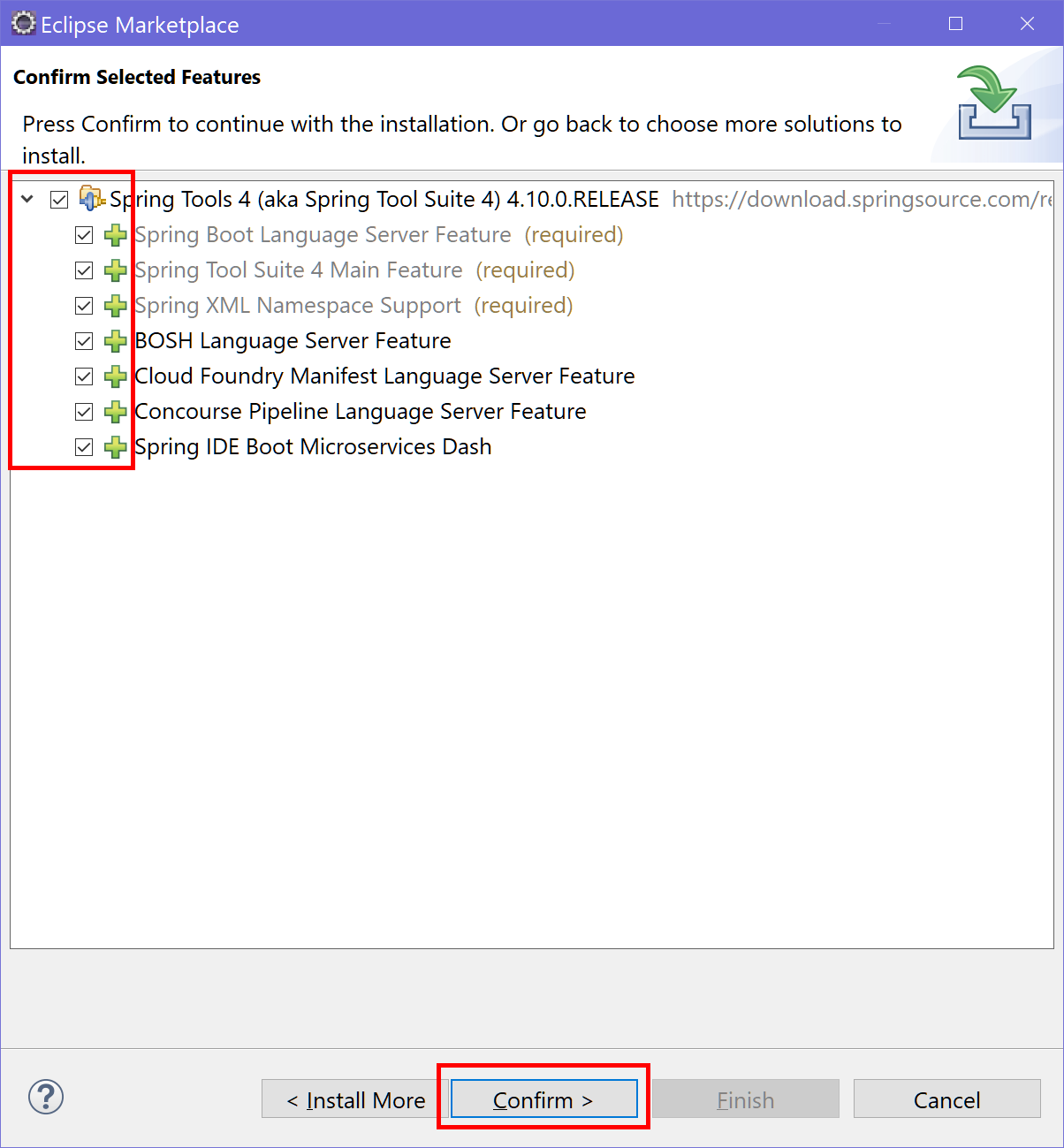 all the components that make up spring boot 4 are selected, continue button highlighted