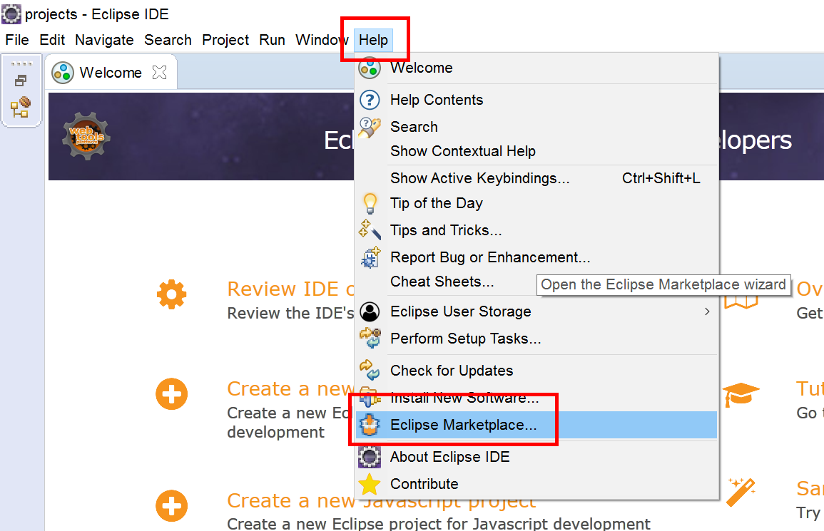 the Eclipse Help menu showing Eclipse Marketplace selected