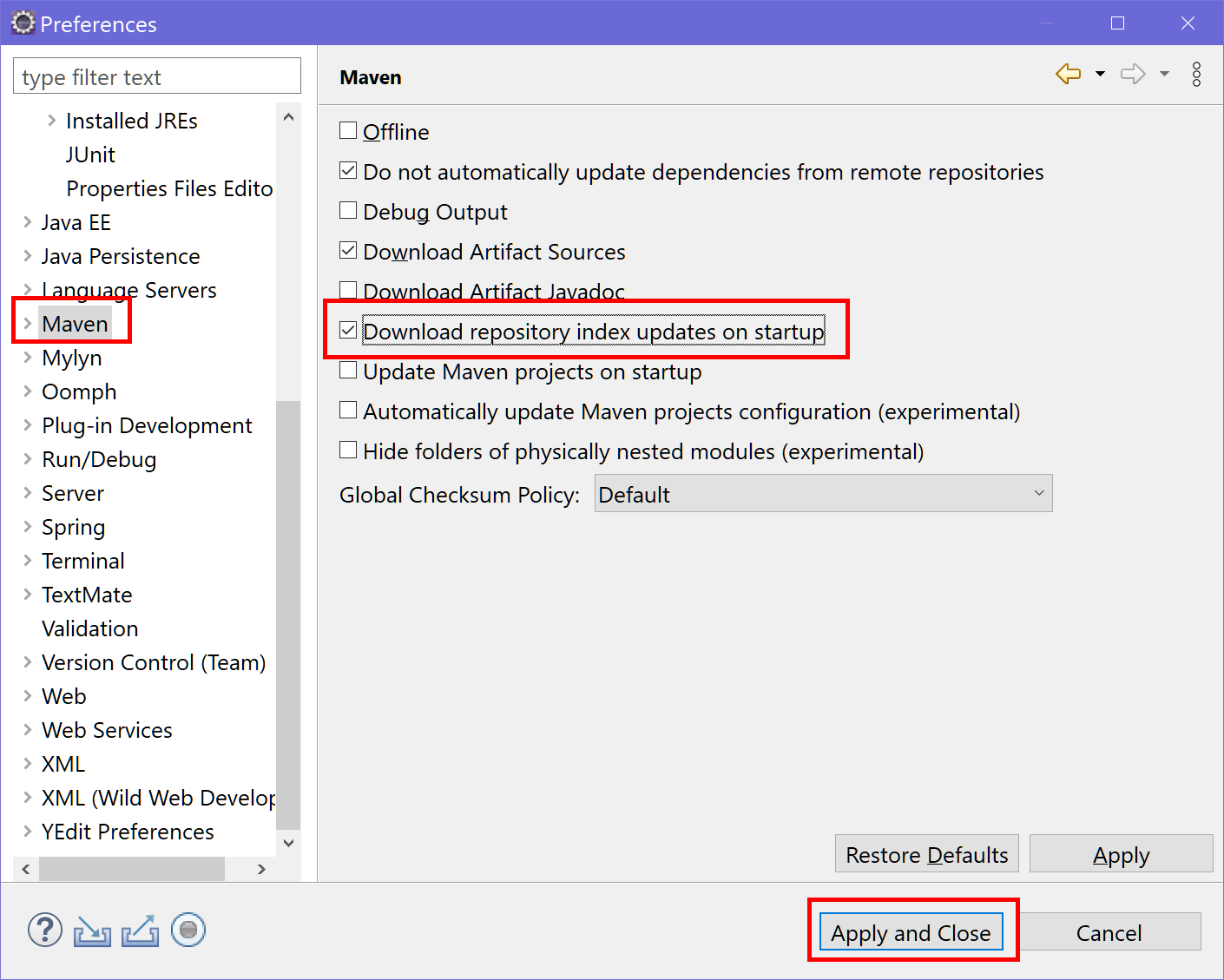 Maven category selected, download respository index updates on startup is checked