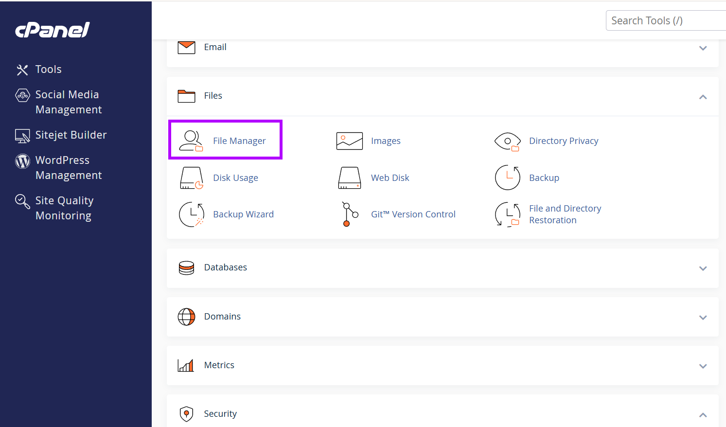 email category collapsed, file manager in files category highlighted