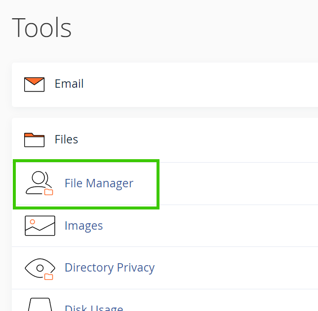 The File Manager option highlighted under the Files category