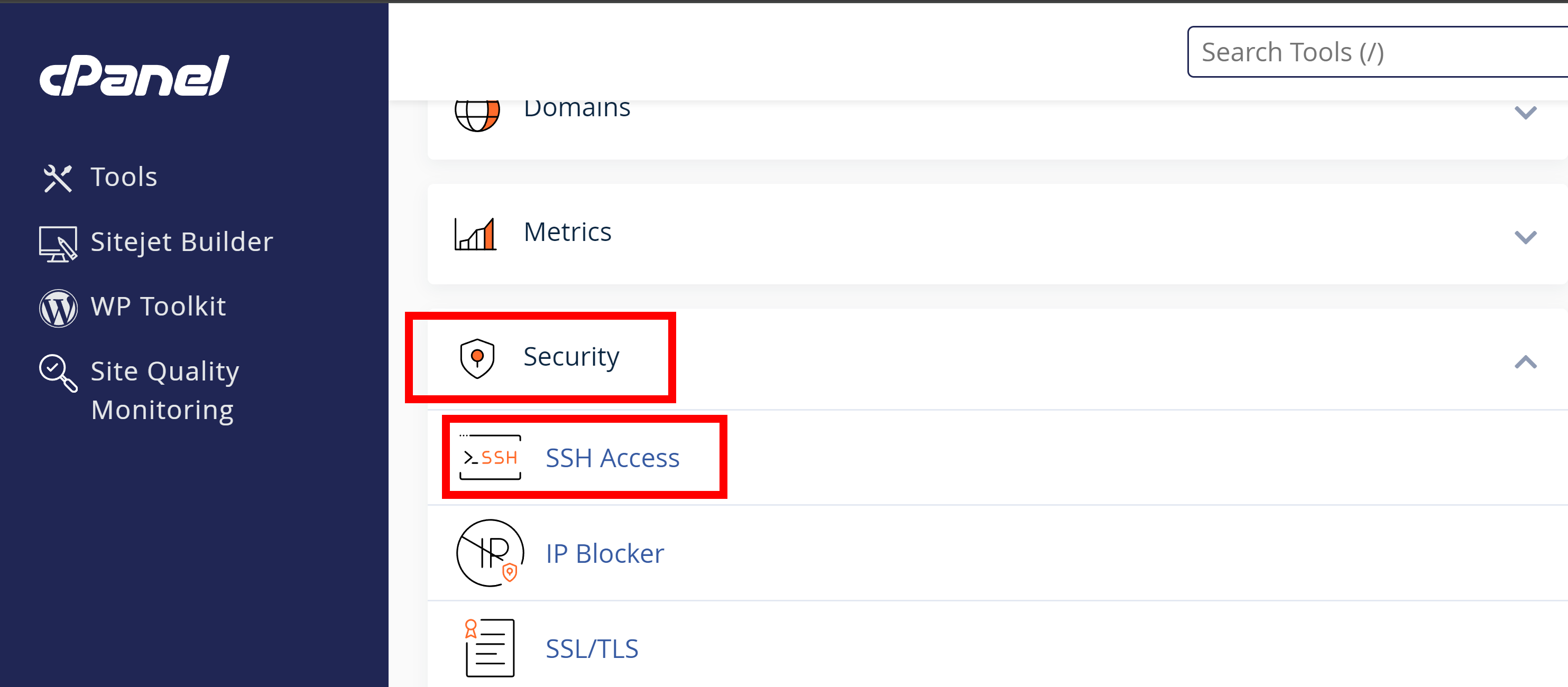 ssh access under the security heading