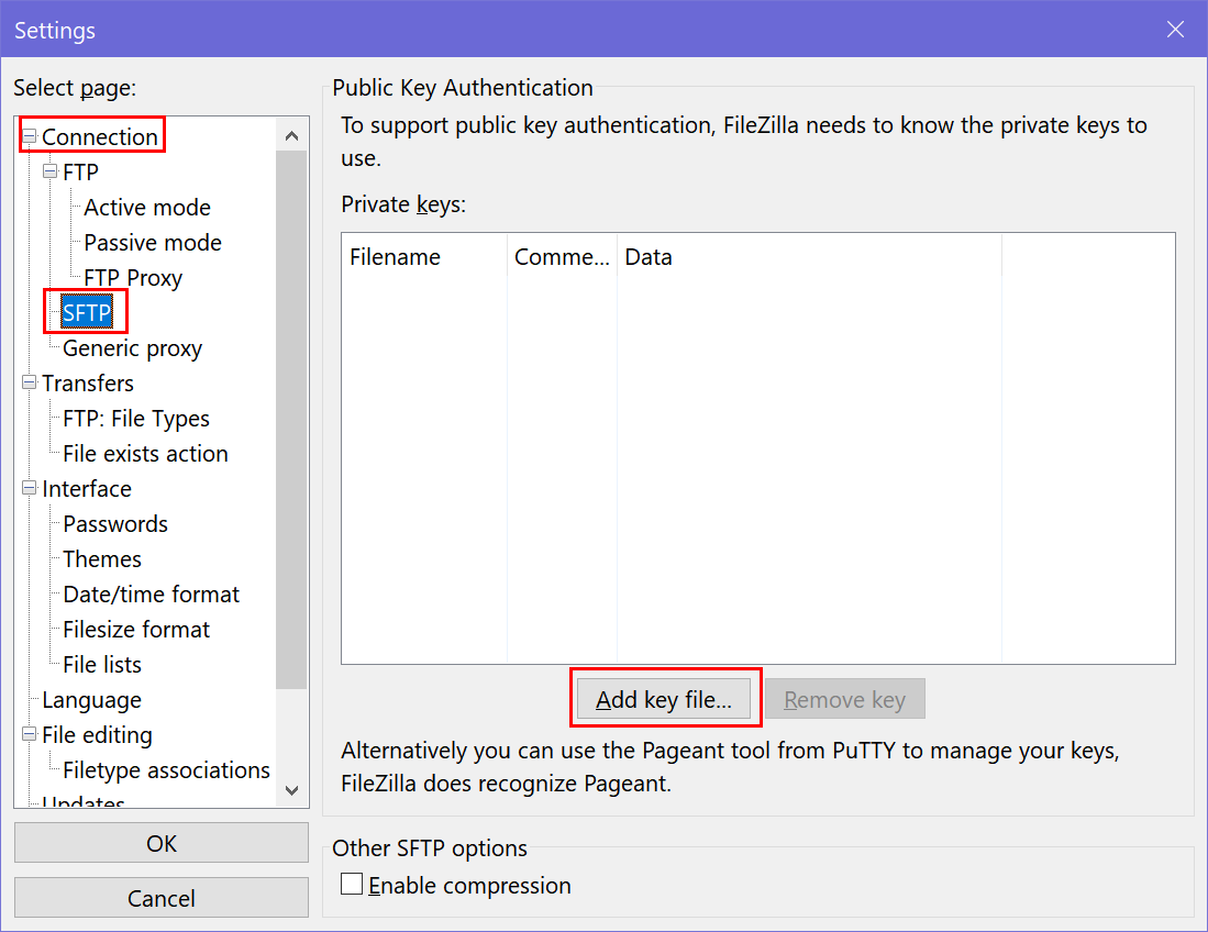 connection sftp selected