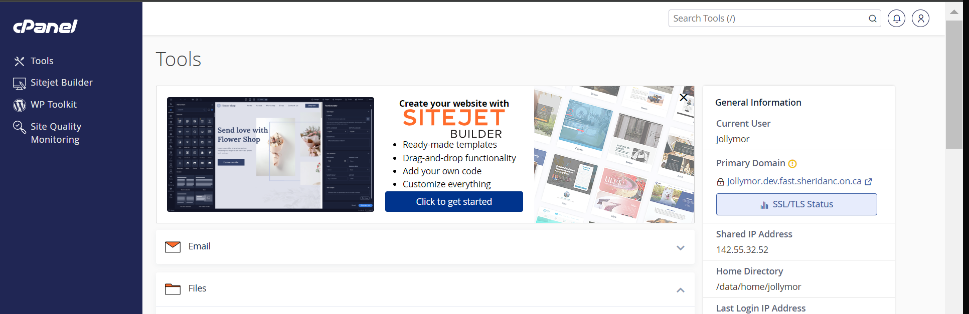 the cpanel Tools page with the menu on the left