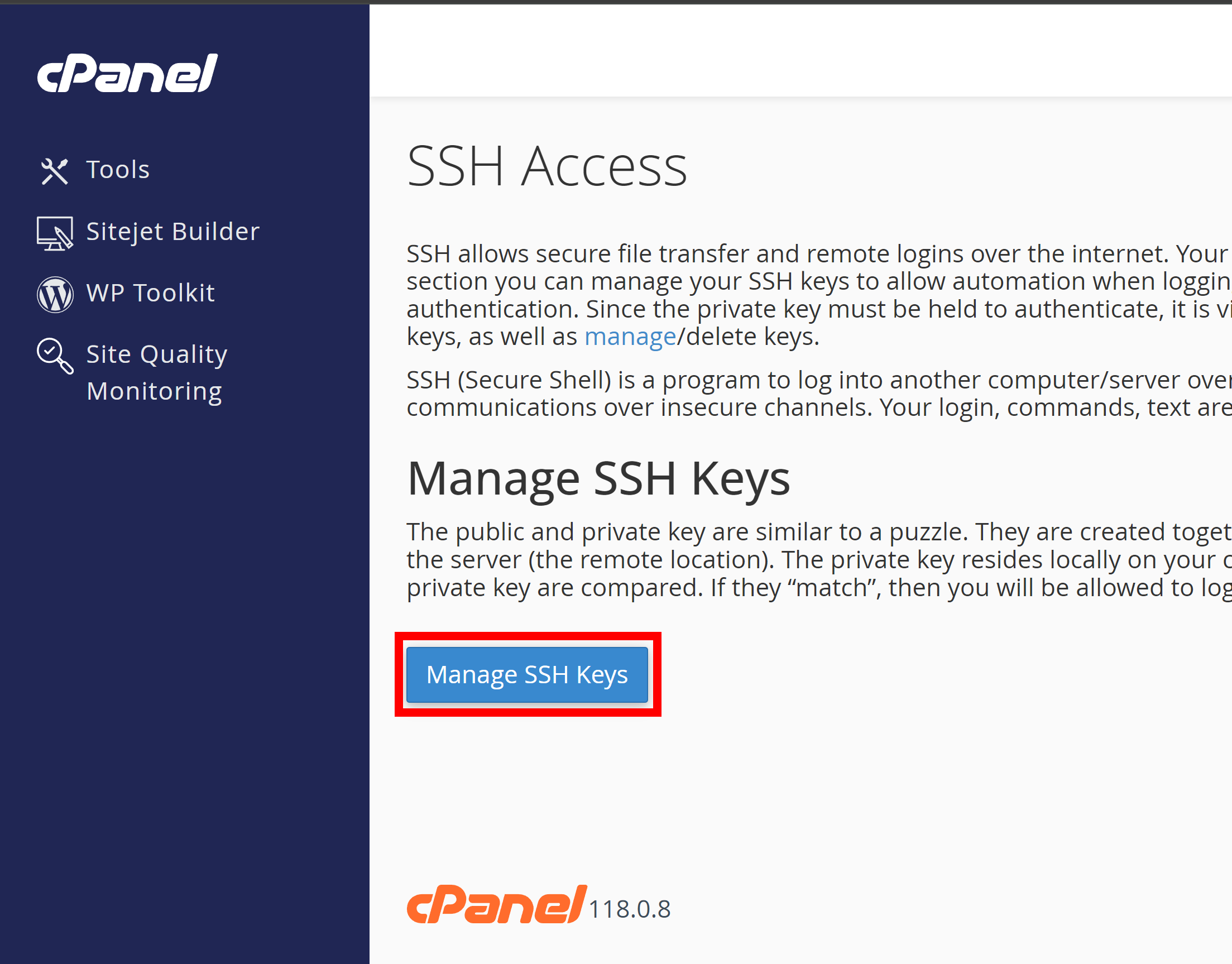 manage ssh keys button highlighted