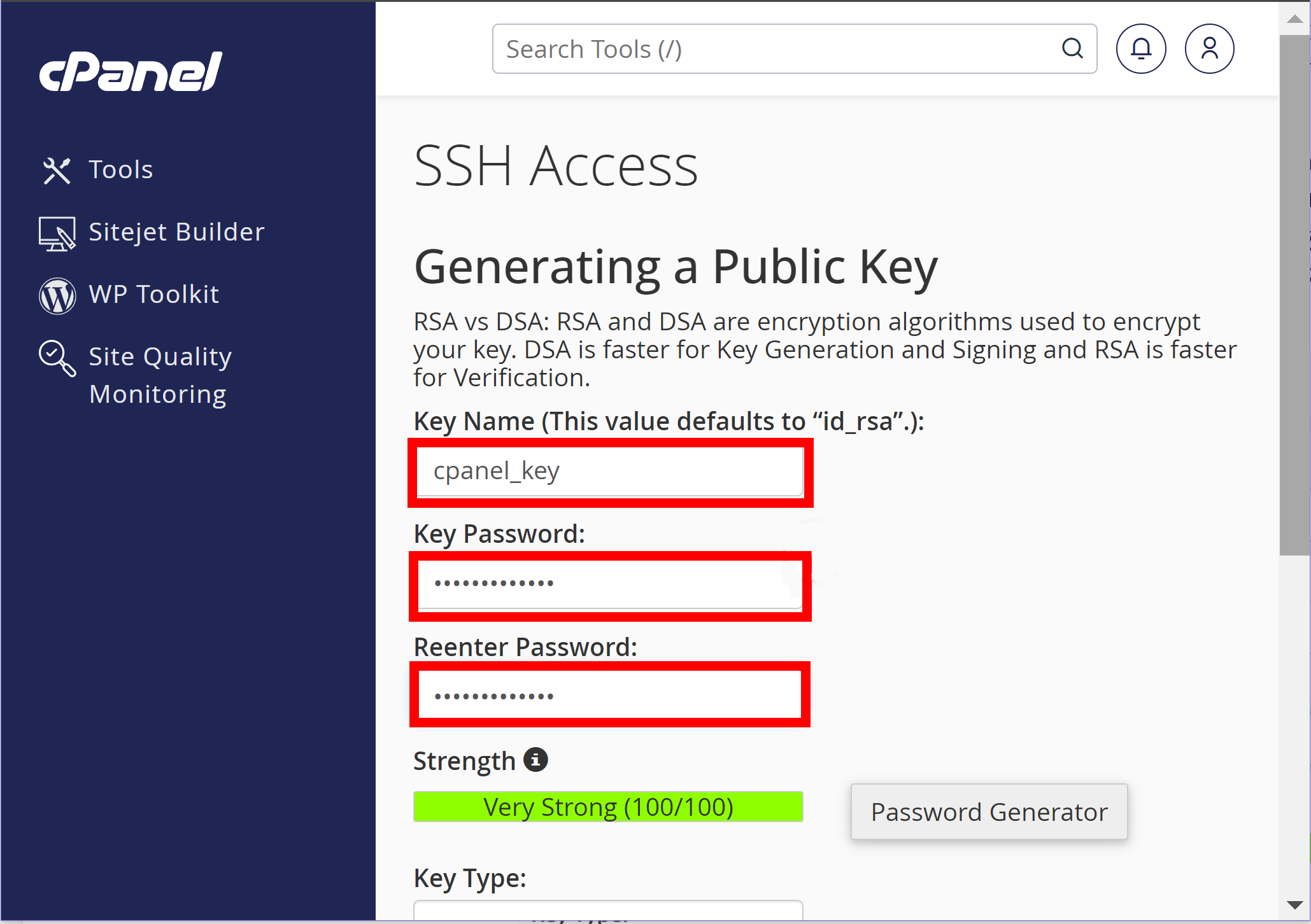 key name is cpanel_key and a password has been entered