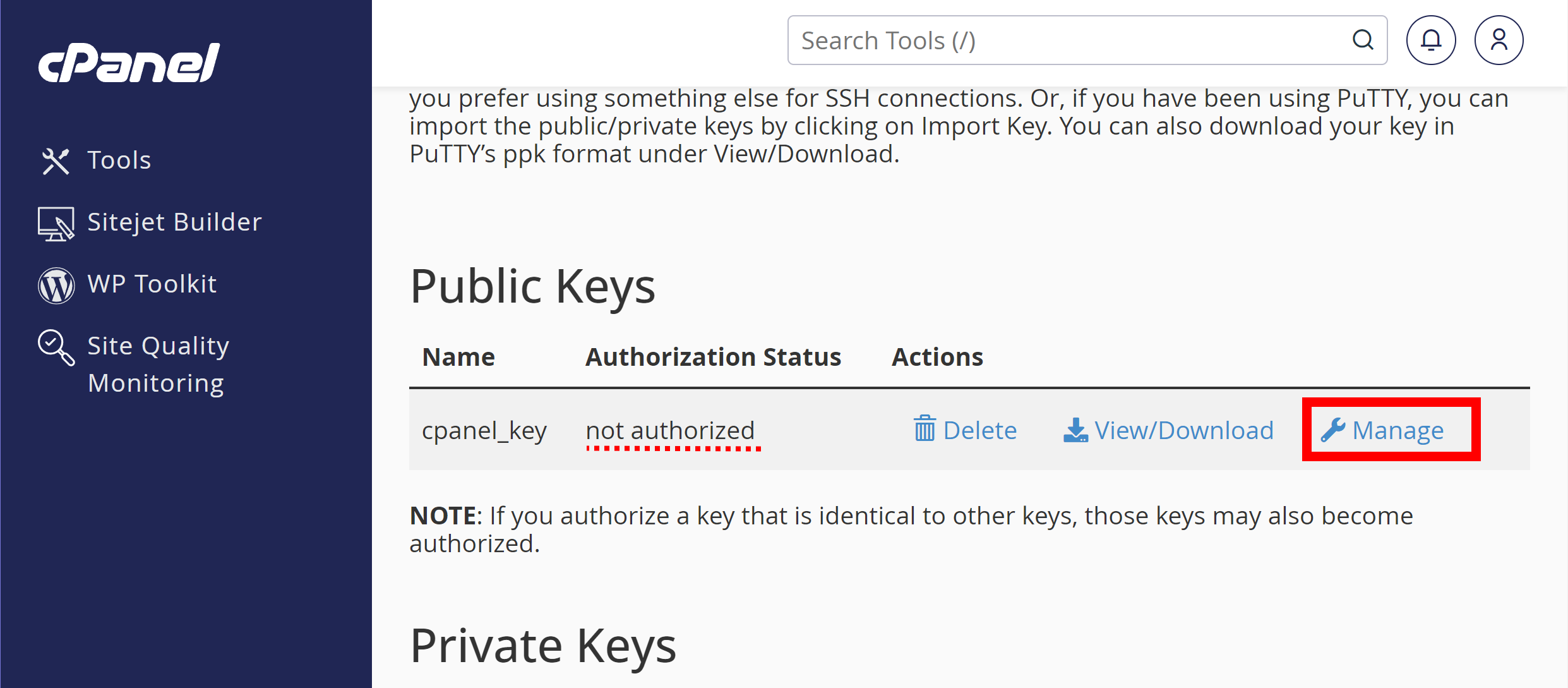 highlighted manage link at the end of the cpanel_key row