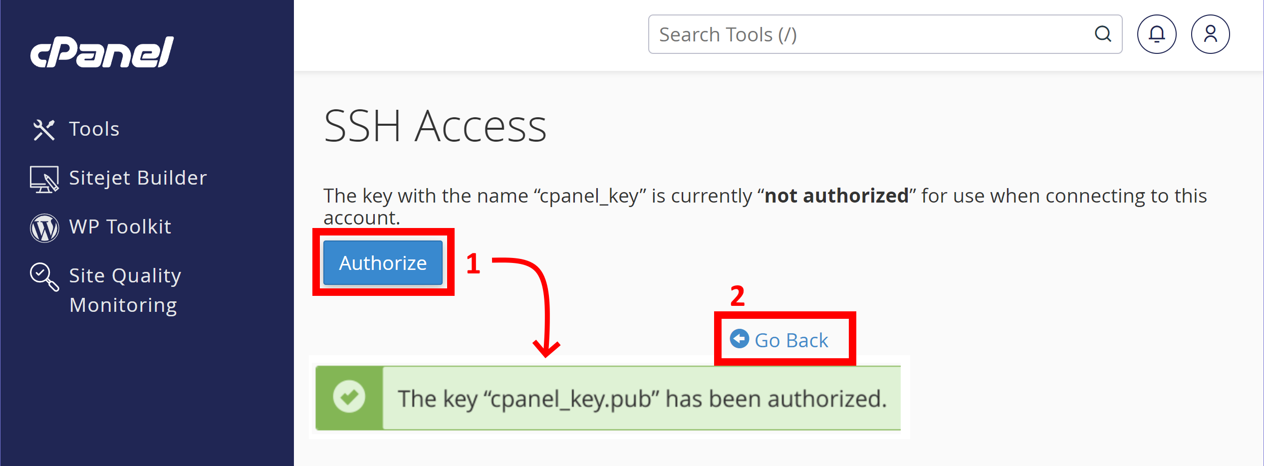 highlighted manage link at the end of the cpanel_key row