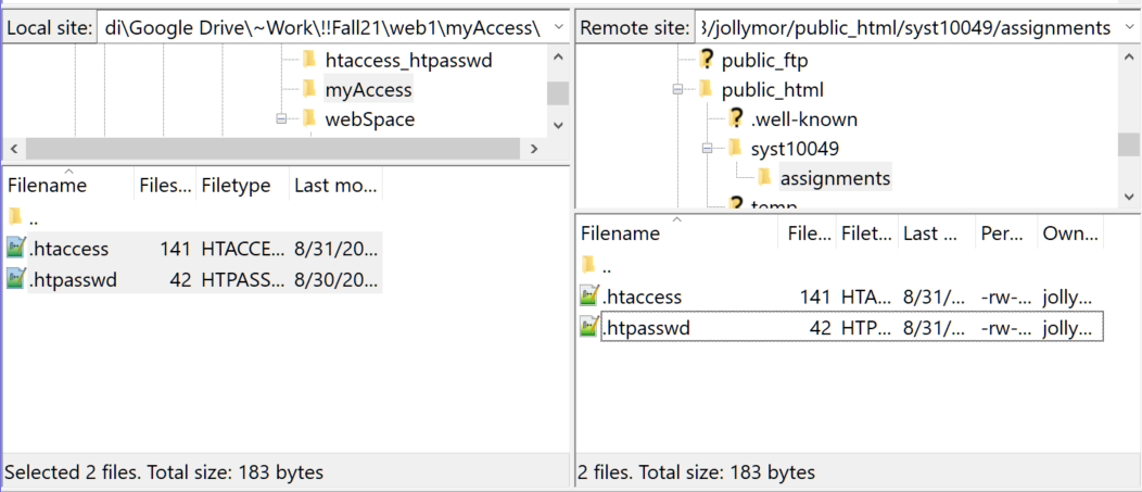 both htaccess and htpasswd appear in the assignments directory