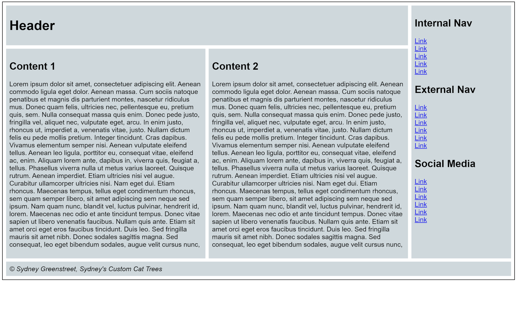 a standard page layout with 
                 header, footer, 2 content areas, and navigation sidebar