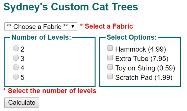 cat tree customization form